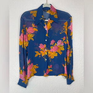 Franck Olivier Blue Floral Viscose Button Down Sheer Collared Women’s Top